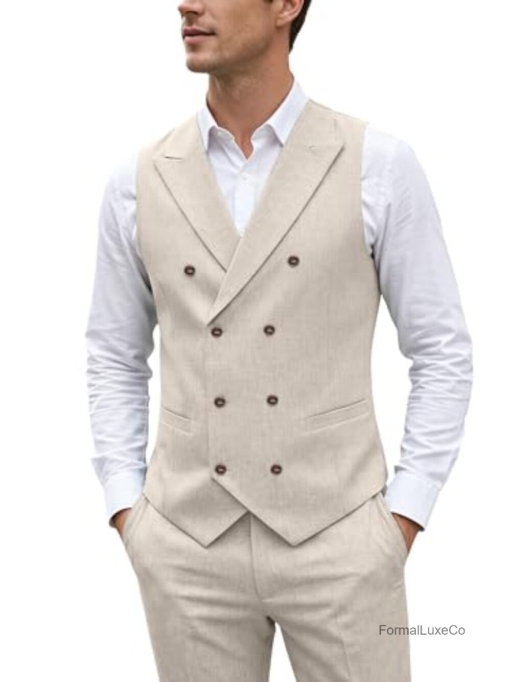 Men's Linen Suit Set 2 Piece Slim Fit Vest & Pants Summer Tuxedo